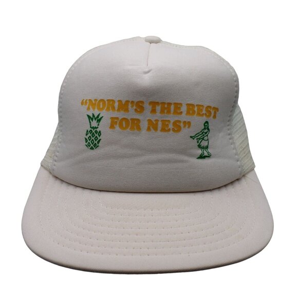 Norms The Best For Nes White Snapback Trucker Hat Pineapple Hula Girl Vintage - Picture 1 of 9
